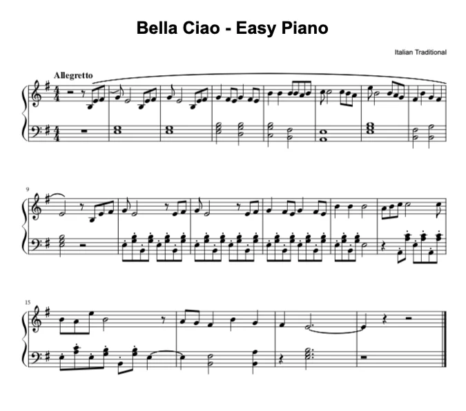 Bella Ciao - โน้ตเพลงอย่างง่ายในรูปแบบ PDFBella Ciao - โน้ตเพลงอย่างง่ายในรูปแบบ PDF  